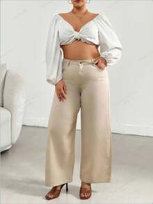 Plus High Waist Casual Wideleg Jean - Beige - View 6