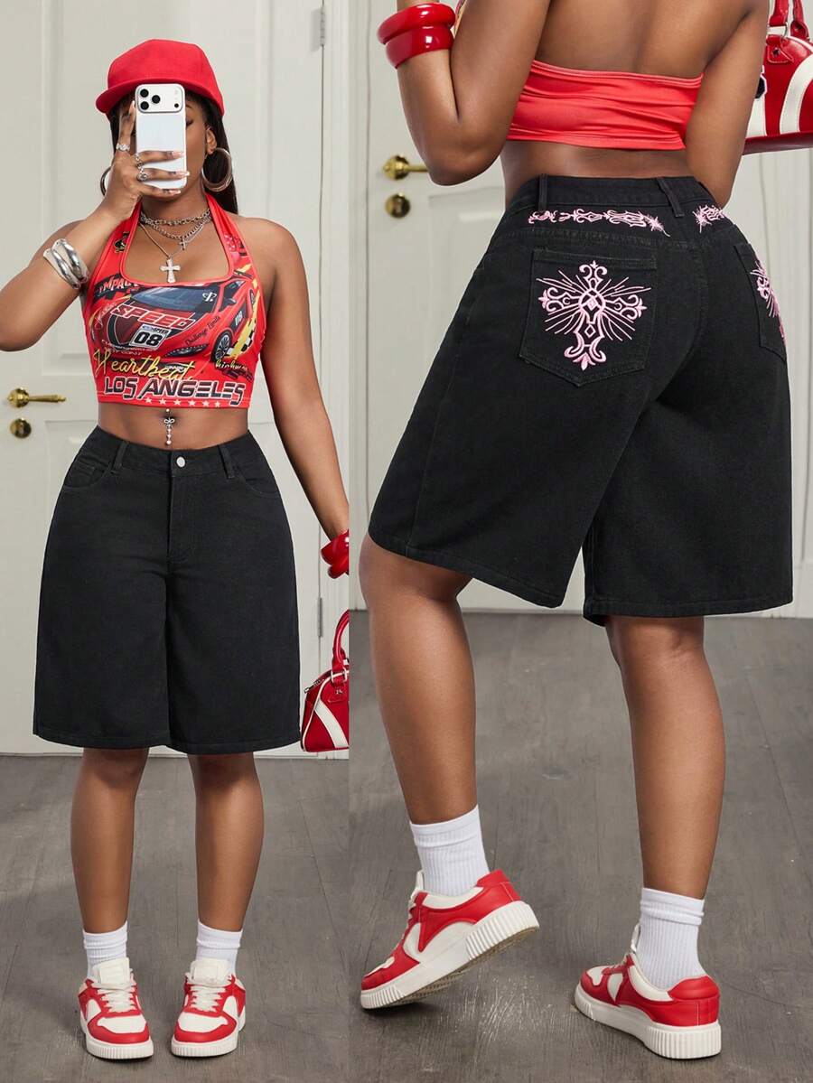 Slaydiva Quần short denim thường ngày dành cho nữ - màu đen - Xem 1