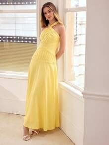 MOTF PREMIUM Đầm nữ màu vàng cổ yếm, viền ren, chất liệu vải linen Tencel, thích hợp cho hẹn hò và nghỉ mát, mùa xuân/hè. - Màu vàng - Xem 1