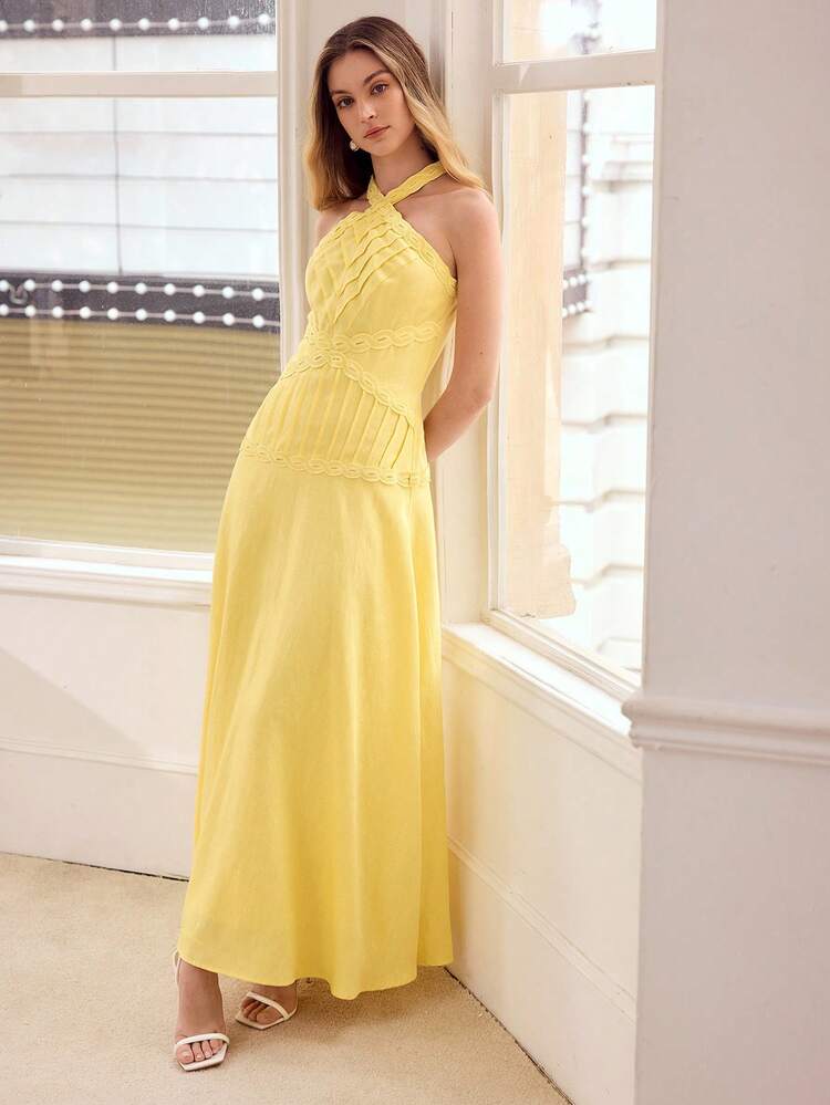 WOMEN'S YELLOW HALTER NECK LACE TRIM TENCEL LINEN DRESS, SUITABLE FOR DATES AND VACATIONS, SPRING/SUMMER