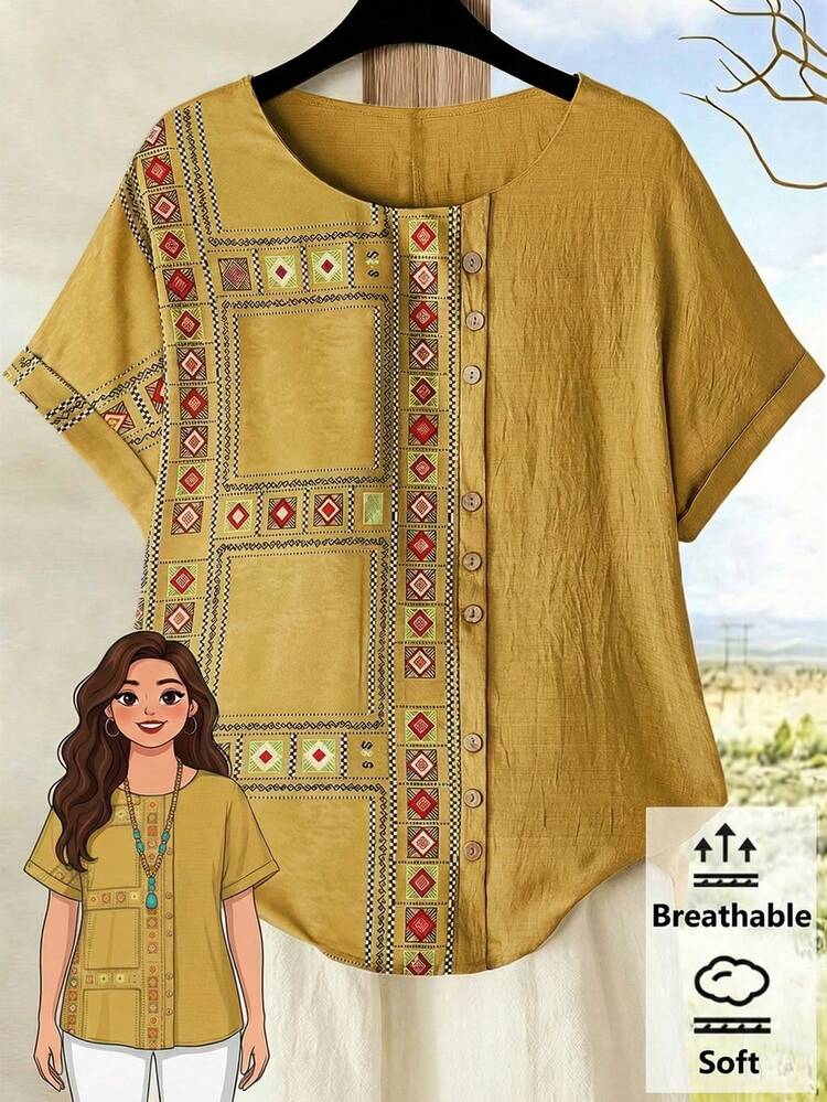 Plus Size Women Geometric Pattern Short Sleeve Loose Casual Shirt