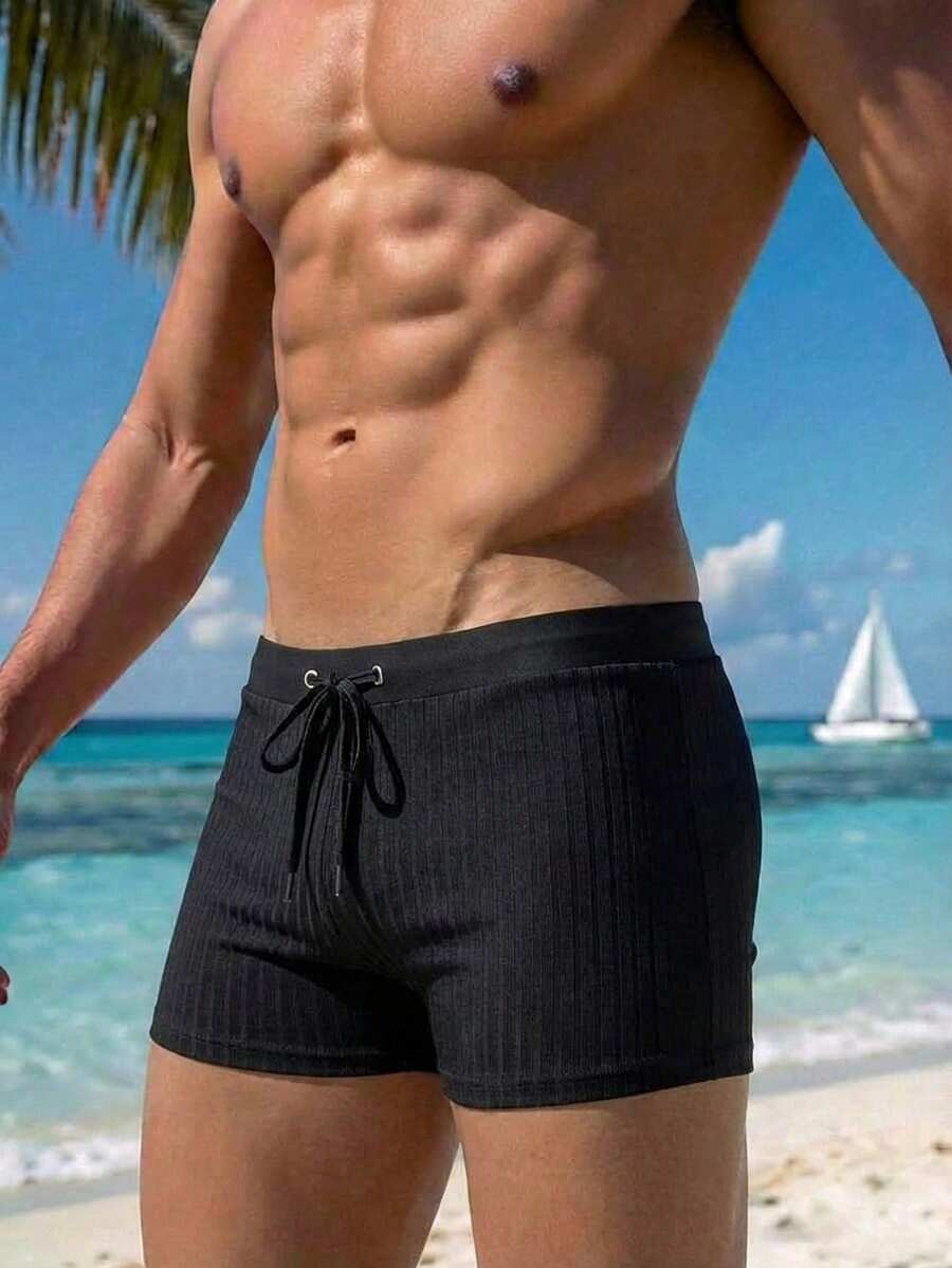 Surfspeed 男士宽罗纹腰带松紧腰简约夏季沙滩泳池泳裤 - 黑色 - 查看 1