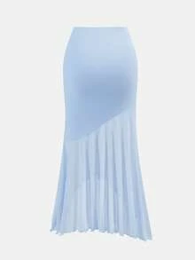 Girlism 少女浅蓝色纯色网纱优雅修身休闲简约舒适不对称下摆吊带背心和美人鱼下摆半身裙套装 - 淺藍色 - 查看 8