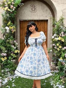 Lyrianda Plus Size Romantic Square Neck Waist Cinched A-Line Dress - Multicolor - View 1