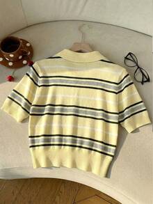 SHEIN EZwear 女士条纹纽扣半开襟短袖针织上衣 - 鵝黃色 - 查看 2