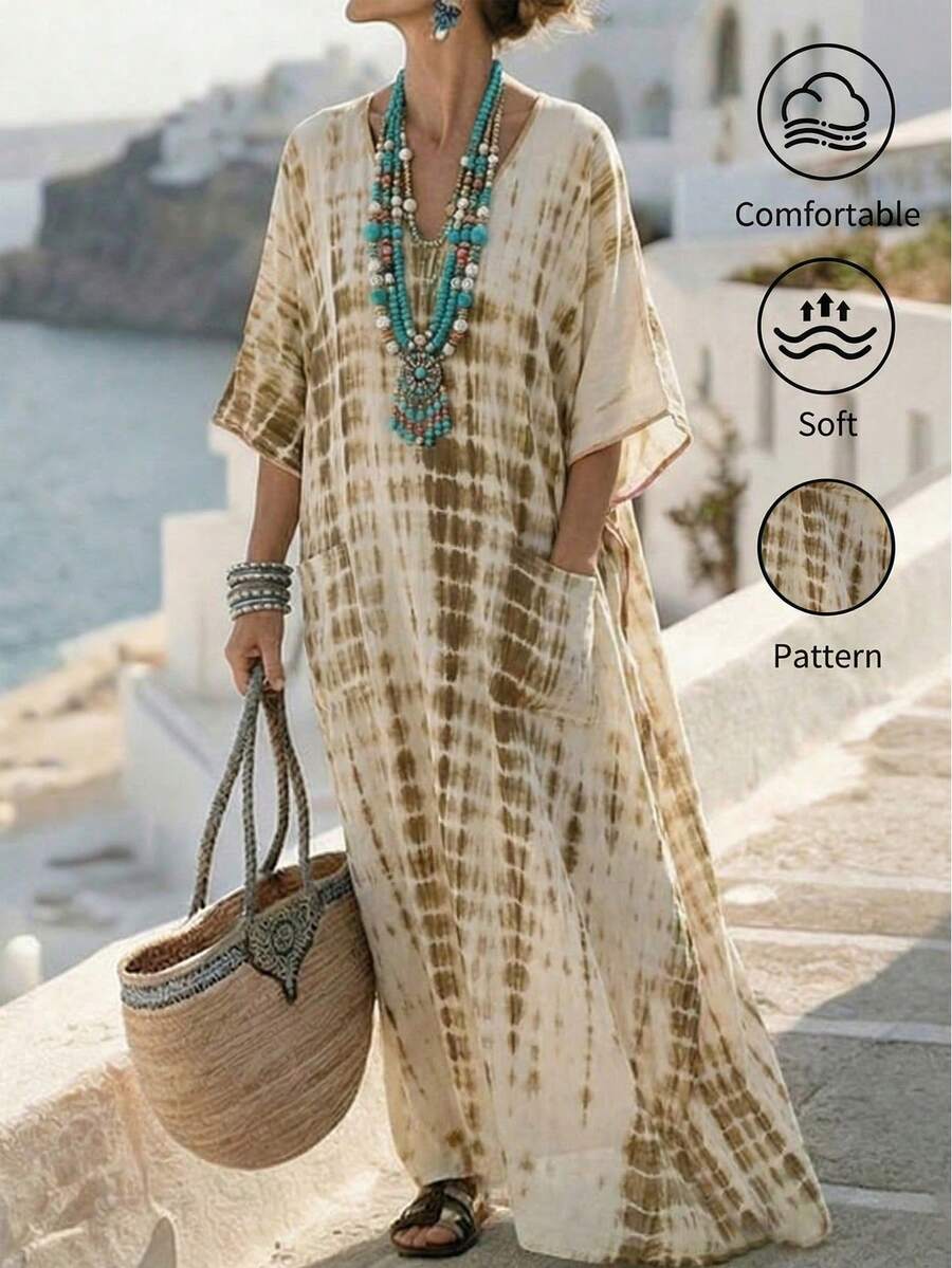 SHEIN Holidaya Đầm mùa hè phong cách Bohemian, kiểu dáng thoải mái, cổ chữ V, in họa tiết tie-dye, có túi lớn, thích hợp cho nữ, thích hợp đi biển. - Màu be - Xem 1