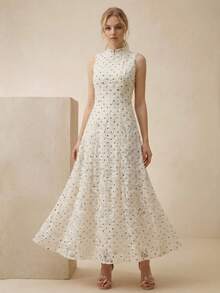 Anewsta 女士夏季优雅波点印花无袖A字中长连衣裙，白色。适合度假、日常穿着、通勤和约会。 - 杏色 - 查看 5