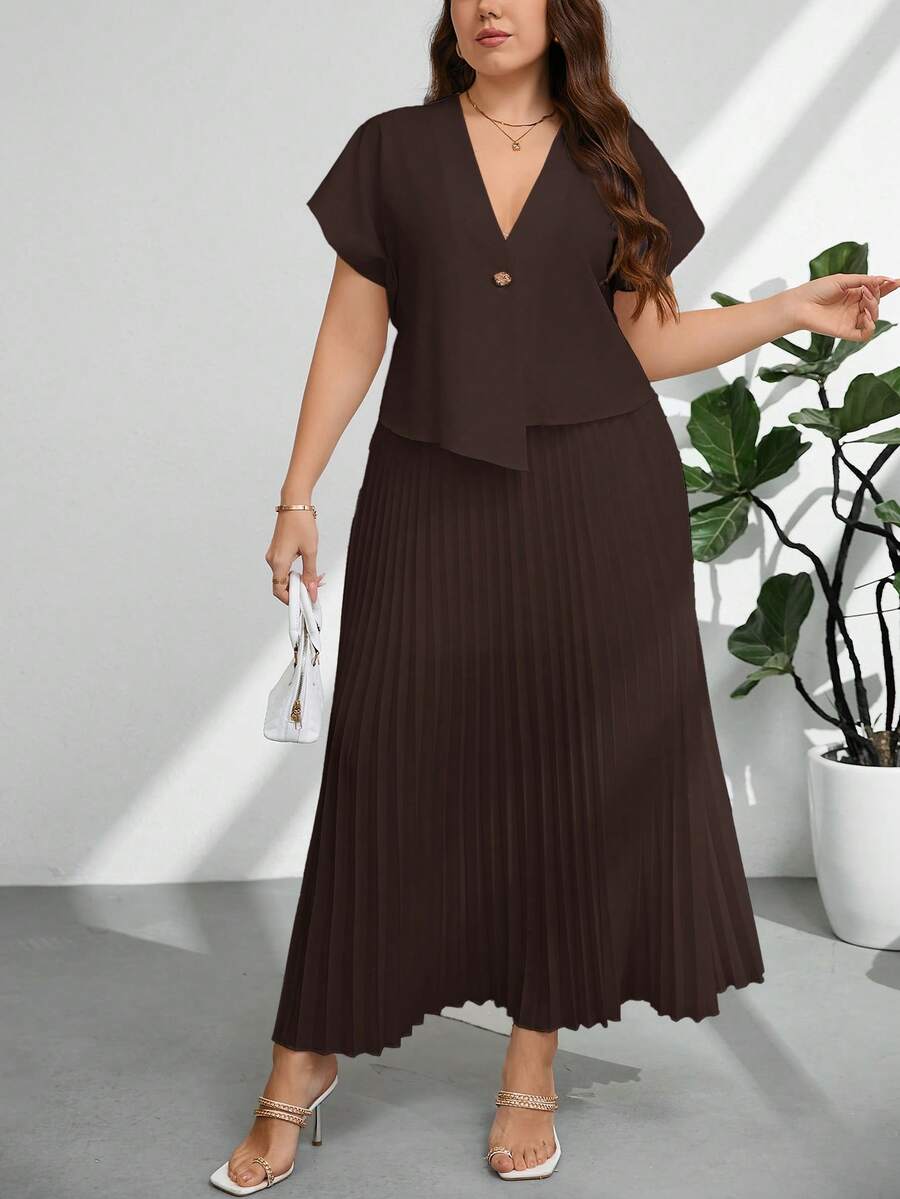 Firerie Plus Size Women's Solid Color Single-Button Short Sleeve Shirt And Pleated Mini Skirt Elegant 2-Piece Set - Brown - View 1