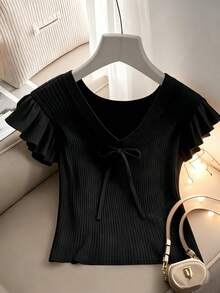 SHEIN Franclia قميص نسائي أنيق بربطة فراشة مكشكشة - الأسود - مشاهدة 3