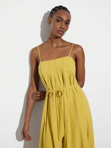 SHEIN Maija MAIJA Vacation Cotton Square Neck Spaghetti Strap Pleated Maxi Dress,Summer Dresses For Women Yellow Dress Yellow Sun Dresses For Women Yellow Dress Women Strappy Maxi Dress Yellow Maxi Dress - Yellow - View 5