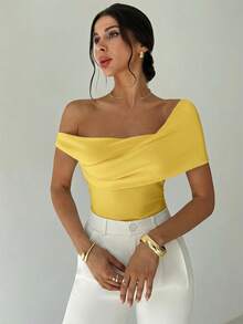 Firerie 女士优雅简约时尚性感通勤音乐节度假不对称领口垂褶露脐白色上衣，春夏款 - 黃色 - 查看 5
