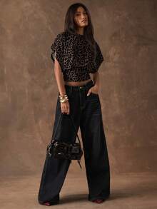 SHEIN BAE 女士休闲简约棕色豹纹印花优雅百搭蝙蝠袖收腰T恤 - 适合春夏、办公室通勤、优雅度假沙滩装、节日派对装扮 - 彩色 - 查看 6