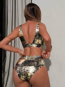 Bonvoyette Bộ bikini gợi cảm cạp cao cổ chữ V sâu, dây đeo điều chỉnh được, chất liệu vải ánh vàng, thích hợp chụp ảnh trên bãi biển, dành cho mùa Xuân/Hè 2026. - màu đen - Xem 2