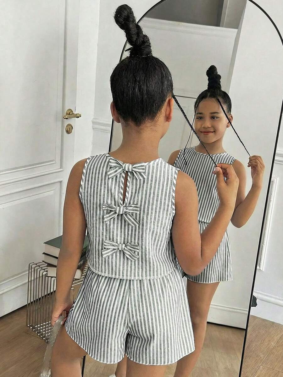 SHEIN Tween Girls Casual Daily Blue Striped Bow Back Tank Top And Shorts 2 Pieces Set Summer Two Piece Set For Teen Girls Striped Set Girls Two Piece Set Tween 8 Year Old Girl Two Piece Set Striped Two Piece Set Tween - Olive Green - View 1