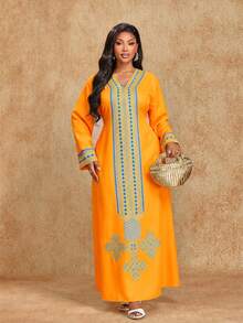 Brilight Gaun Wanita Elegan dan Sopan, Jubah Arab Timur Tengah Berwarna Oranye dan Biru, Motif Tradisional, Sempurna untuk Makan Malam Liburan Musim Gugur, Pesta & Perayaan - Jeruk - View 4