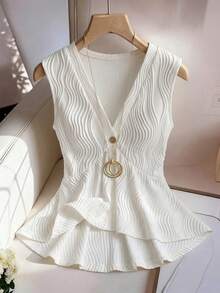 SHEIN Franclia Women French Elegant Romantic Fashionable Solid Color Textured Knit High-Low Ruffle Hem V-Neck Sleeveless Button Decor Tank Top,Waist Fitted Elegant Top,A-Lined Top,Wrap Top,Casual Vacation Versatile Women Tank Top,2026 New Top,White Top,Summer Holiday Outfits Top,Spring Outfit Women Top,Party Top,Wedding Guest Top,Elegant Commuter/Vacation Casual Top, Tops For Women Elegant Classy S3433 Of Woman Clothes Latest Tops For Women New Arrivals Women's Tops For Summer - White - View 8