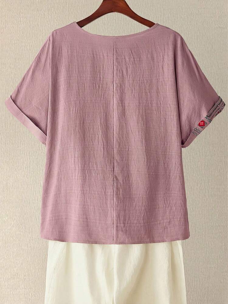 Plus Size Women Geometric Pattern Short Sleeve Single-Breasted Casual Shirt