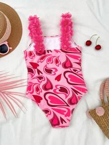 LMoss Kids Áo tắm liền thân họa tiết hoa 3D hình trái tim dành cho bé gái - Hồng - Xem 5