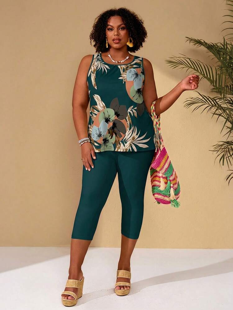 Plus Size Women Tropical Plant Print Camisole And Leggings Casual 2 Pieces Set
