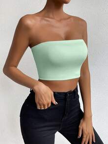 Allurite Top tube para mulher, verde sálvia, verão, casual, para sair à noite e dia a dia, slim fit, realça a silhueta, estilo aniversário e discoteca, design para férias à beira-mar - Verde - Ver 3