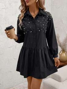 RueChic Pearls Beaded Ruffle Hem Smock Dress Teachers' Day Office Brunch Black Autumn Casual - Black - View 1