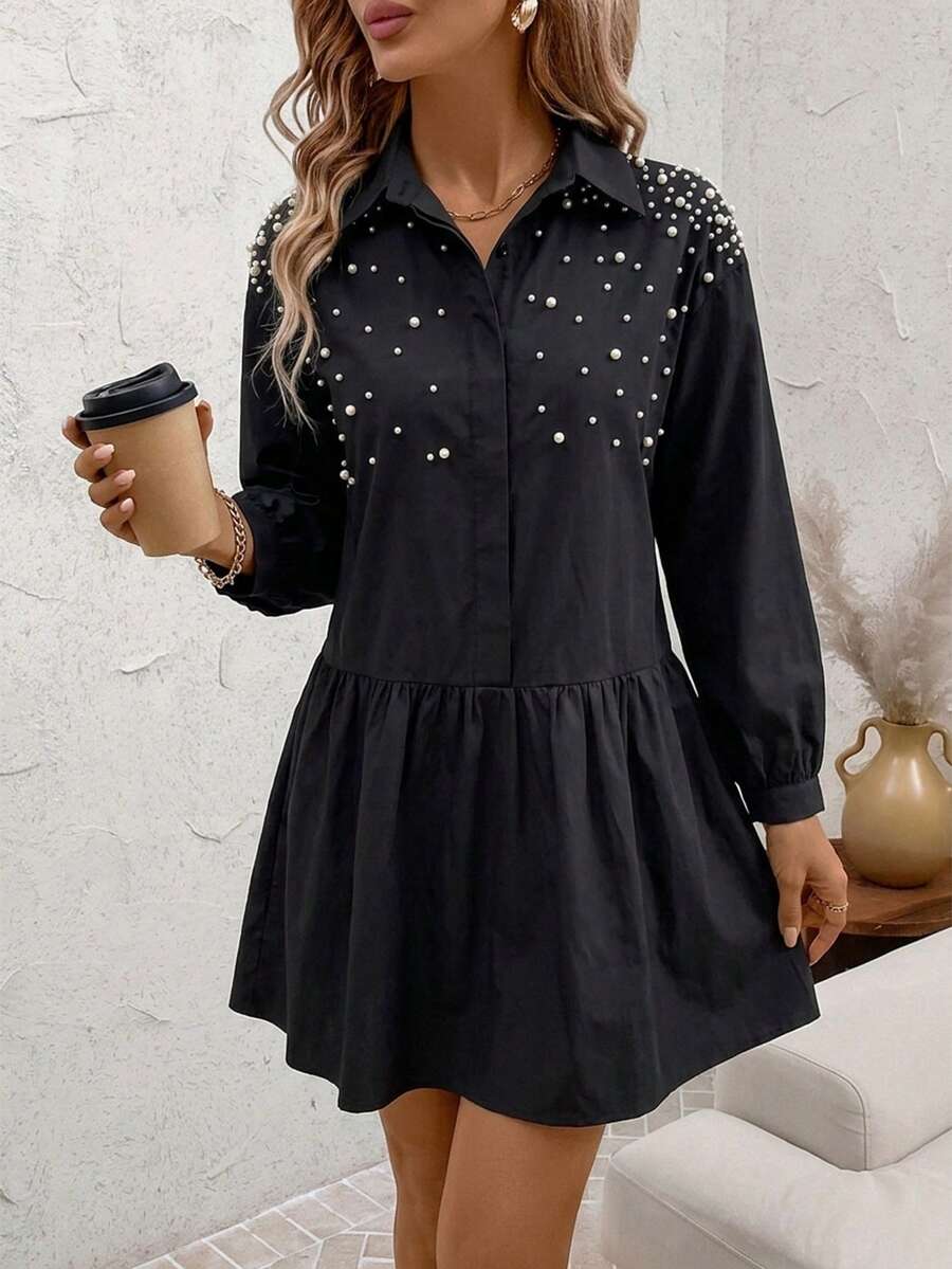 RueChic Pearls Beaded Ruffle Hem Smock Dress Teachers' Day Office Brunch Black Autumn Casual - Black - View 1