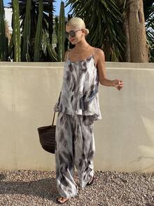DAZY Bộ áo hai dây dáng chữ A rộng rãi và quần short dành cho nữ, chất liệu vải nhuộm tie-dye, phong cách nghỉ dưỡng bãi biển, thích hợp cho mùa xuân và hè. - Màu xanh lam - Xem 4