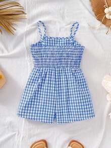 Bộ áo liền quần kẻ caro dễ thương cho mẹ và bé, có nơ, thích hợp cho mùa hè. - Xanh và trắng - Xem 3