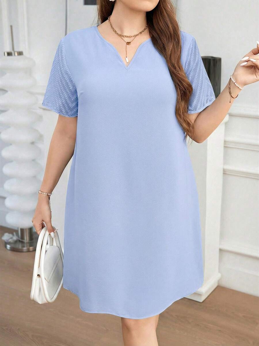 SHEIN Clasi 大码女式纯色V领短袖休闲连衣裙 - 淺藍色 - 查看 1