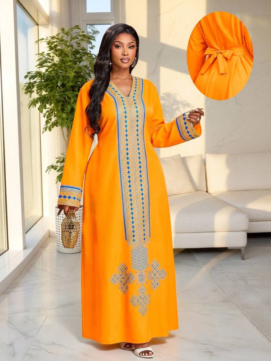 Brilight Gaun Wanita Elegan dan Sopan, Jubah Arab Timur Tengah Berwarna Oranye dan Biru, Motif Tradisional, Sempurna untuk Makan Malam Liburan Musim Gugur, Pesta & Perayaan - Jeruk - View 1