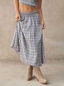 WESTFADE Embroidered Plaid Smocked Waist Convertible Midi Skirt And Dress - Blue - View 3