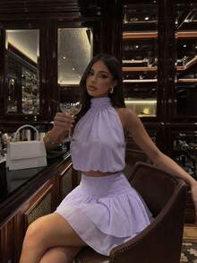 Radiana 2pcs/Set Elegant Lilac Purple Chiffon Outfit,Summer Girly Vacation Ruffle Backless Top & Ruffled Mini Skirt, Women's Summer Co Ord Dress Set - Purple - View 4
