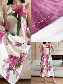 Đầm nữ thanh lịch in hoa, cổ tròn, không tay, dài ngang gối, thích hợp cho mùa hè. - Hồng - Xem 7