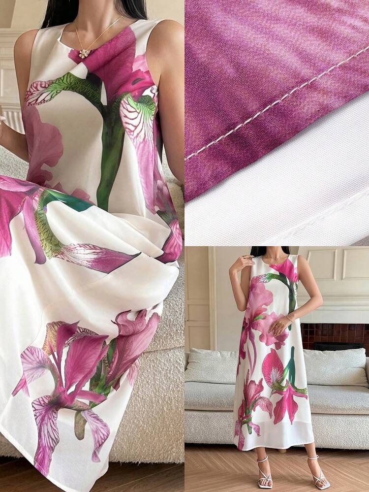 Women's Elegant Floral Print Round Neck Sleeveless Mid-Length Dress, Summer Sun Dresses For Women