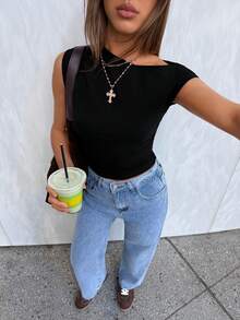 Muchica Blusa de uso diario versátil de unicolor con hombro asimétrico para mujer - Negro - Ver 3