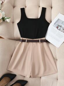 SHEIN Franclia 女士纯黑色T恤吊带背心上衣搭配阔腿裤/半裙，配腰带，休闲优雅套装，适合办公室、度假、日常穿着，春夏季节皆宜。 - 彩色 - 查看 2