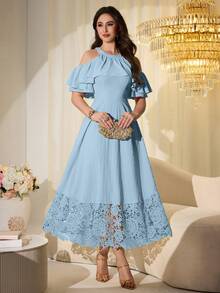 Modelyn Sweet & Youthful Yellow Elegant Ruffle Off-Shoulder Embroidered Patchwork Mid-Length Dress For Women - Blue - View 5