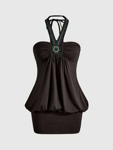 ROMWE Hippie 复古节日波西米亚风串珠迷你连衣裙 - 咖啡棕 - 查看 1