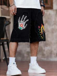 Manfinity ZONE917 Men's Casual Versatile Everyday Wear Wide Leg Denim Shorts With Pockets And Palm Print - Black - View 4