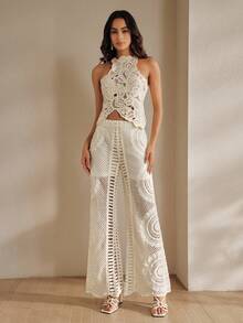 Quần ống rộng nữ thêu rỗng, cạp chun - trắng - Xem 8