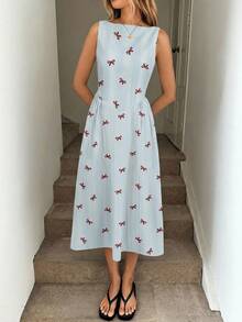 SHEIN LUNE Đầm midi không tay dáng chữ A kẻ sọc xanh trắng, eo nhún, thích hợp mặc đi nghỉ mát, làm từ vải cotton thoáng khí. - Nhiều màu - Xem 5