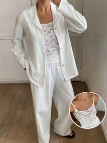 DAZY 3件套波西米亚风蕾丝薄纱吊带背心和裤子女士睡衣套装 - 白色 - 查看 4