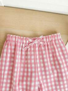 SHEIN LMoss Kids 女宝宝休闲度假可爱百搭红白格子弹力腰裤 - 粉色 - 查看 5