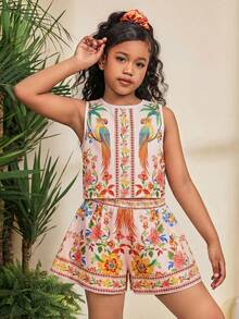 SHEIN Tween Girls' Casual Tropical Floral Print Round Neck Cropped Sleeveless Top And Printed Shorts Set - Multicolor - View 1