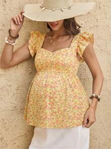 Boho Mama Áo sơ mi bầu tay ngắn họa tiết hoa nhí kiểu dáng thường ngày - Màu vàng - Xem 6