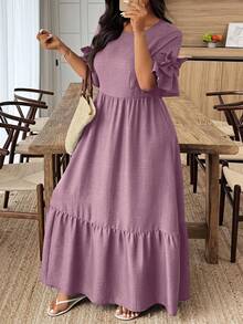 EMERY ROSE Plus Size Women's Solid Color Round Neck Bow Decor Short Sleeve Elegant Dress - Purple - View 1