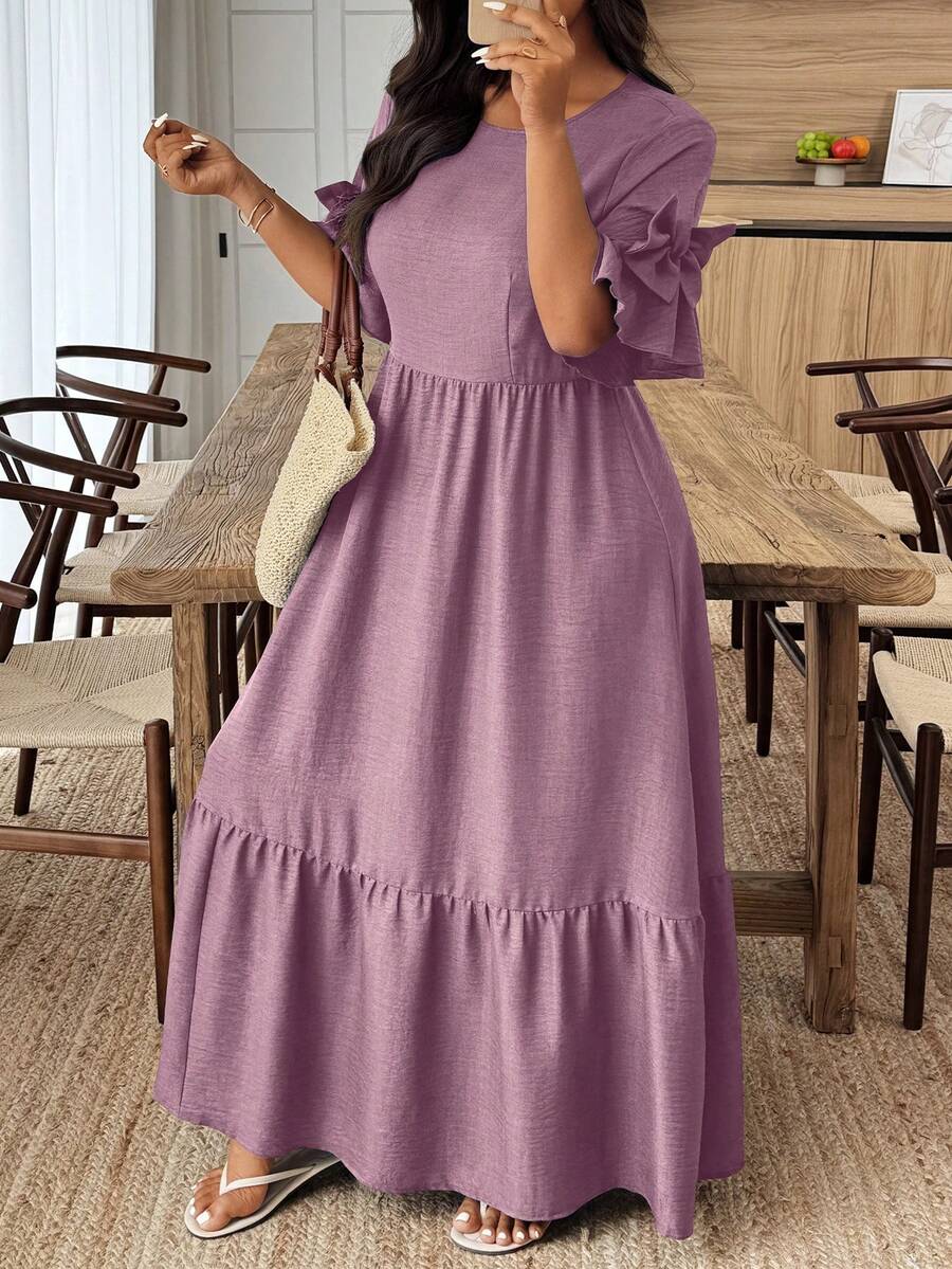 EMERY ROSE Plus Size Women's Solid Color Round Neck Bow Decor Short Sleeve Elegant Dress - Purple - View 1