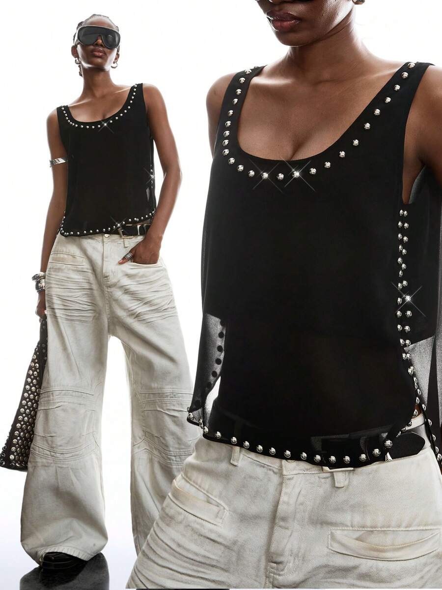 LYSMO 女士纯色串珠设计休闲圆领背心 - 黑色 - 查看 1