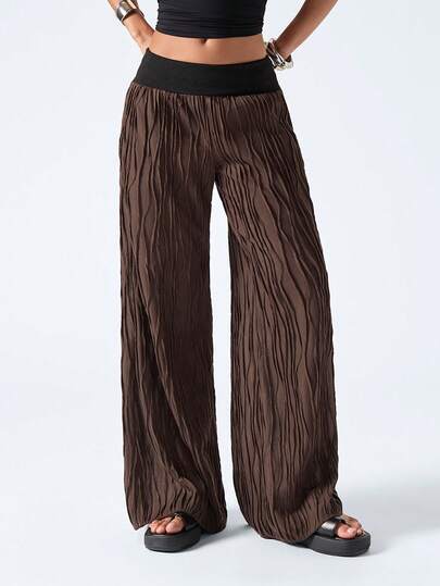 LYSMO 女士撞色纹理阔腿宽松休闲裤