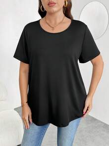 Enliva Plus Size Casual Basic Casual Crew Neck Short Sleeve Knitted T-Shirt Office Black Summer, For Apple And Rounded Body Shape - Black - View 6
